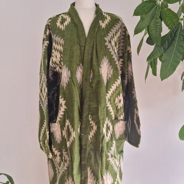 Unisex Yak Wool Blend Floral Kimono/Robe | Regal Urban Fresh Leaf Henna Green Beige Cream | Geometric Diamonds Aztec Print | Christmas Cosy
