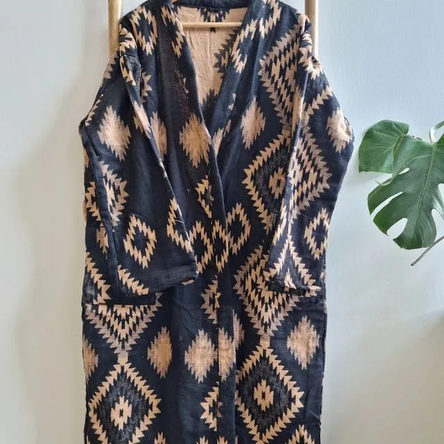 Unisex Yak Wool Blend Floral Kimono/Robe | Regal Urban Black Gold Beige Cream Geometric Diamonds Aztec Print