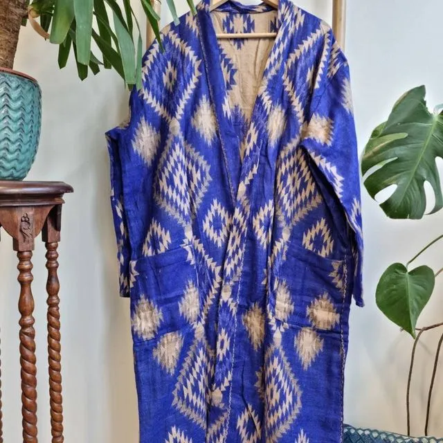 Unisex Yak Wool Blend Floral Kimono/Robe – Regal Bright Urban Blue Cream Geometric Diamonds Aztec Print