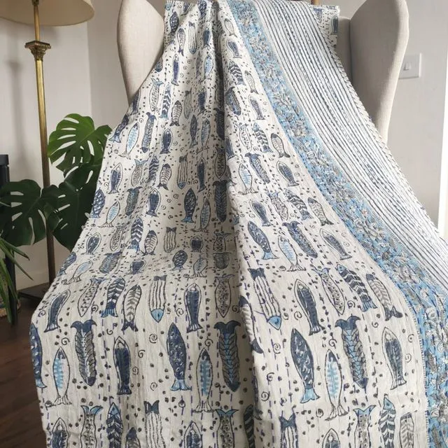 Kantha Stitch Pure Cotton Reversible Bed/Sofa Throw King Size | Handmade HandPrinted Floral Dohar | White Blue Fish Ocean