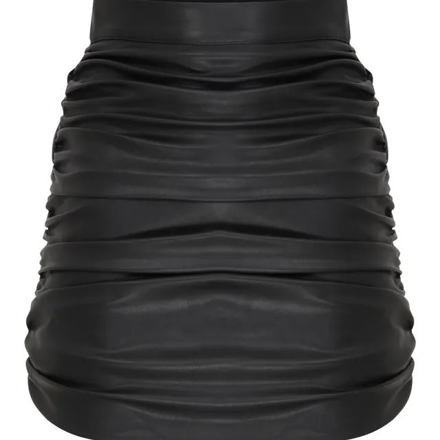 Chels Ruched Vegan Leather Mini Skirt - Black