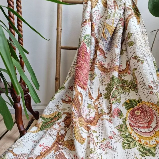 Kantha Stitch Pure Cotton Reversible Bed/Sofa Throw King Size Tropical Floral HandPrinted Dohar Indian Blanket Pastel Earth White Rose Green