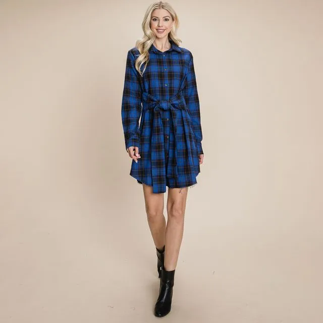 Belted Casual Tunic Cotton Plaid T Shirt Dresses, SML(2-2-2)/1Pack