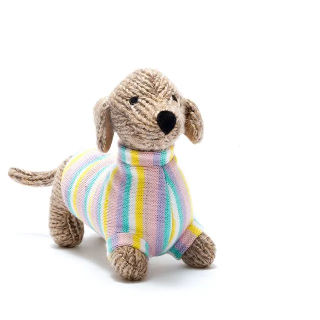 Knitted Sausage Dog Soft Toy with Pastel Jumper