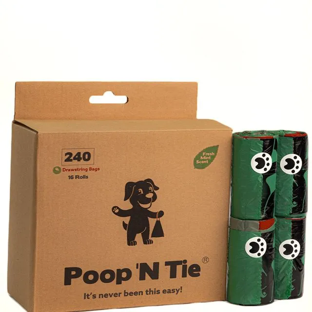 Poop 'N Tie Refill Box - 16 Rolls Of Drawstring Closure Bags