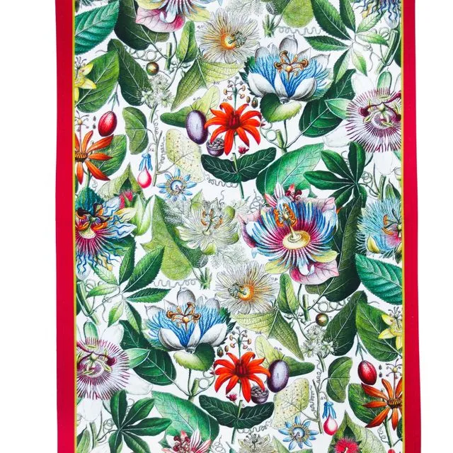 Passionflower Antique Botanical Print Tea Towel Cerise border UK Made