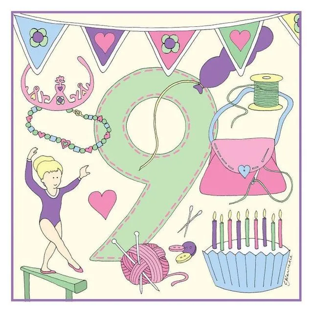 Birthday Card Age 9 Girl by Emma Lawrence Designs