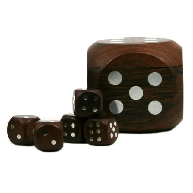 Dice Box With 5 Dices, Silver