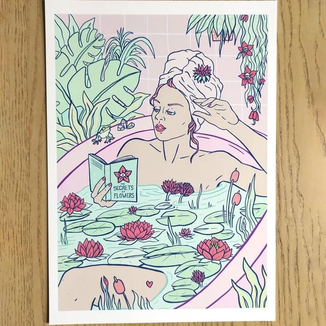 Flowers Bath and a Lily Pond | Bath Time Self Care Series I, limited ed. gicleÃ© print | Bathroom Woman Vertical Wall art illustration