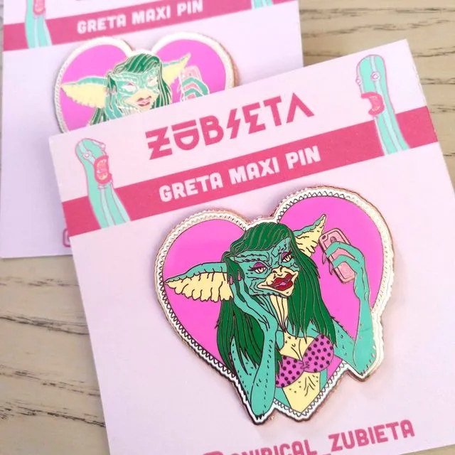 Greta the Gremlin Maxi Pin, Hard enamel rose gold pin, girls in horror, love pin, selfie, am I pretty? glitter pin