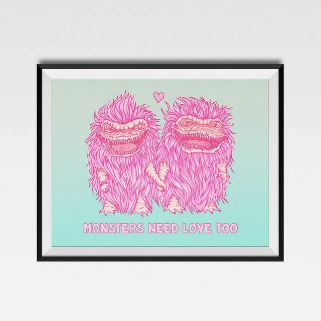 Monsters Need Love Too, tribute to 80s movies The Critters , for horror fans and weird monster lovers , wall art for quirky cool galentines