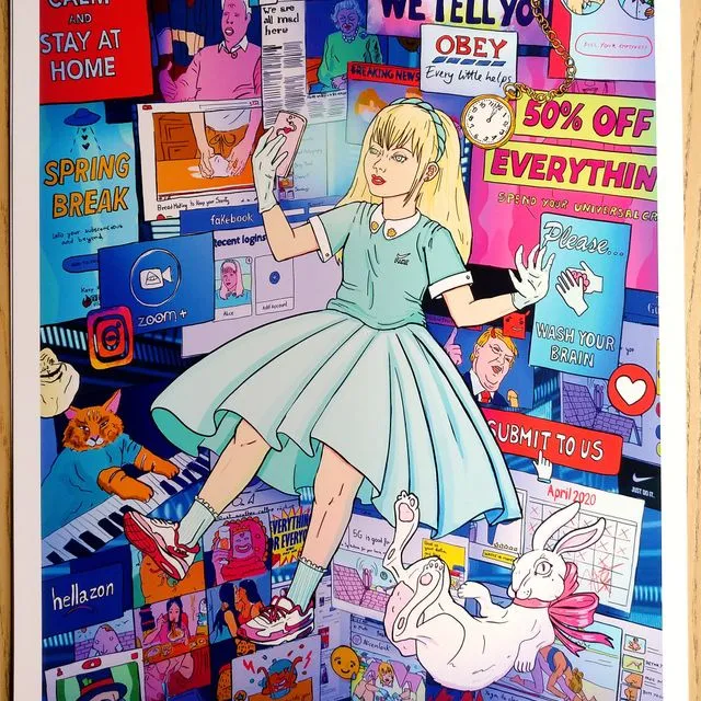 Alice in Lockdown II: Down the Rabbit Hole, limited edition giclee art print, lowbrow art, pop surrealism illustration. Alice in Wonderland