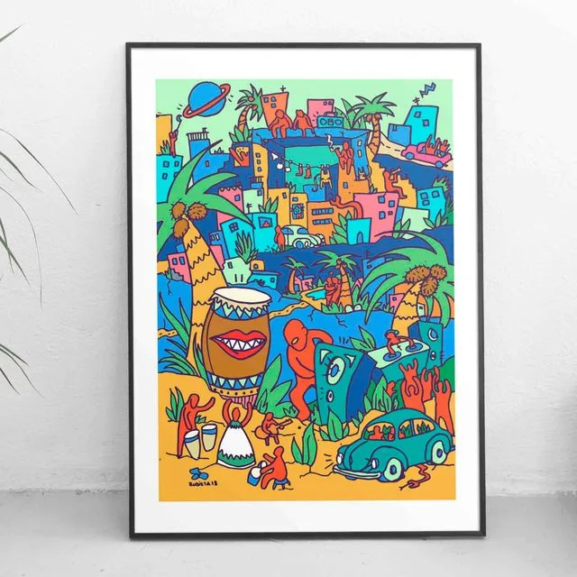 Brazil Tropical Jungle City Wall Art Fine Art GiclÃ©e Print Naive 2d illustration Colourful poster limited edition Crazy world music inspired