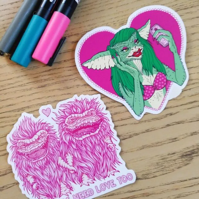 Monsters stickers PACK Gremlins greta and The Critters pink , cute and weird, for horror girls and nerd lovers