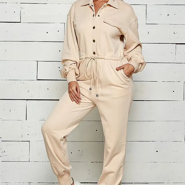 Button down front long sleeve Jumpsuit, Packaged 2-2-2 (SML)
