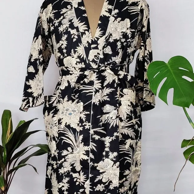 Pure Cotton Indian Handprinted House Robe Summer Kimono | Black Beige Leaf Floral Print Unisex Beach Coverup/Comfy Maternity Mom Gift