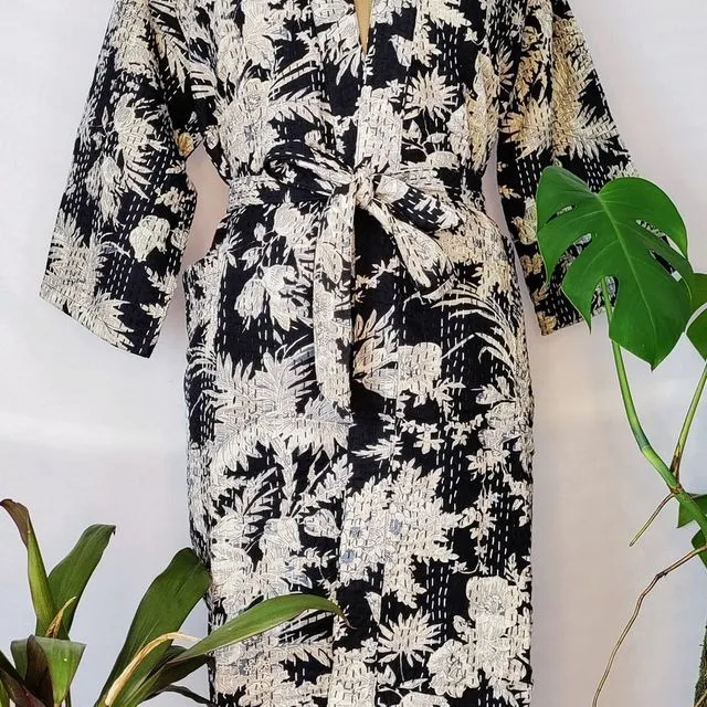 Kantha Stitch 100% Cotton Reversible Long Kimono Women Jacket | Handmade Men Robe | Unisex Gift | Elegant Black Anthro White Floral