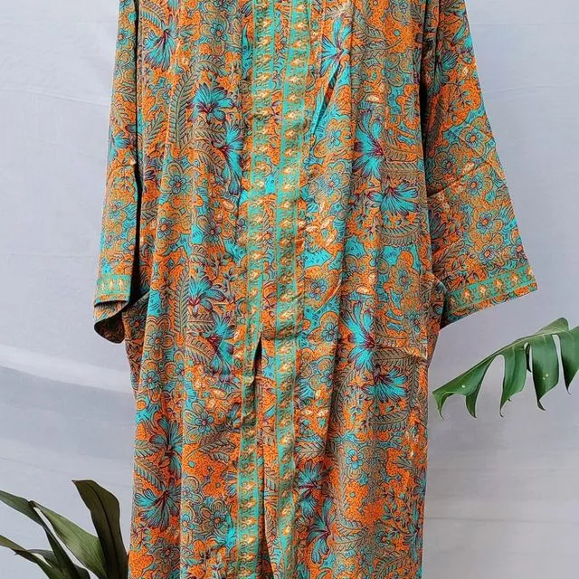 Bohemian New Silk Sari Kimono Women | Regal House Beach Robe | Elegant Orange Blue Floral | Black Friday Discount | Christmas New Year Gifts