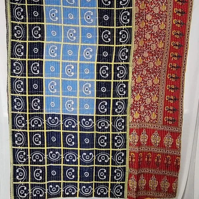 Assorted Vintage Reversible Quilt Handmade Kantha Stitch Bedspread | Sofa | Beach | Camper Van | Throw/Blanket Beautiful Colors Black Blue Red Symbol