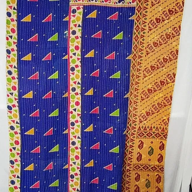 Assorted Vintage Reversible Quilt Handmade Kantha Stitch Bedspread | Sofa | Beach | Camper Van | Throw/Blanket Beautiful Colours Blue Mustard Shapes