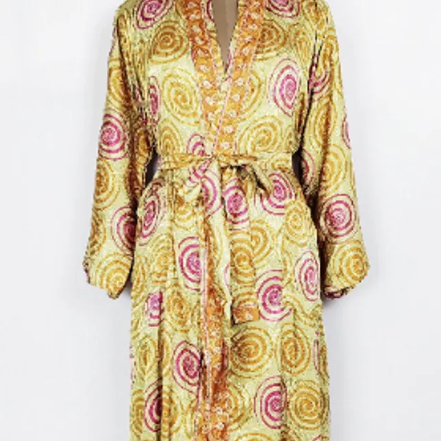 Assorted Recycled Golden Swirl Circle Sari Silk Bohemian Kimono House Robe, Dressing gown, Bridesmaid robes, Perfect present for Valentine's Day
