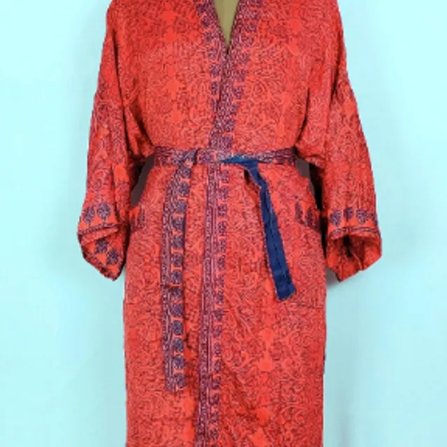 Assorted Vintage Recycled Silk Saree Boho Kimono House Robe, Dressing gown, Elegant Rusty Orange Paisley Beach Coverup Perfect for present
