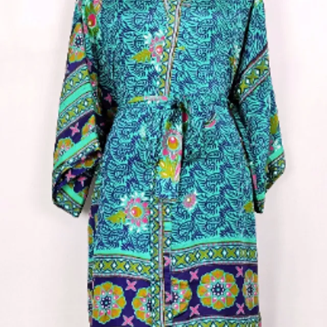 Assorted Vintage Recycled Silk Saree Boho Kimono House Robe, Dressing gown, Elegant Turquoise Blue Paisley Floral Beach Coverup Perfect for present