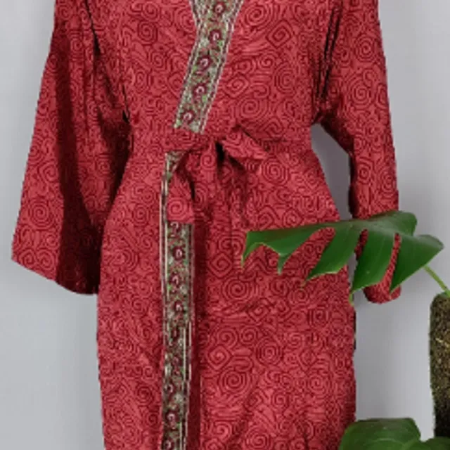 Assorted Vintage Recycled Silk Saree Boho Kimono House Robe, Dressing gown, Elegant Red Jalebi Maze Paisley Beach Coverup Perfect for present