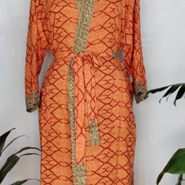 Assorted Kimono Saree Boho Vintage Recycled Silk House Robe, Dressing Gown, Elegant Sunshine Orange Geometric Beach Wear/Cover up Perfect For Present