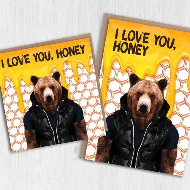 Bear anniversary, Valentine's Day card: I love you honey (Animalyser) (Size A6/A5/A4/Square 6×6″)