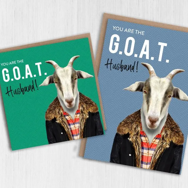 Goat in clothes birthday card for husband: Greatest of All Time (G.O.A.T) Husband in blue (Animalyser) (Size A6/A5/A4/Square 6x6")