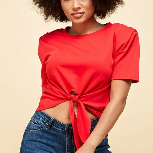 Shoulder Pad Pleated Short Sleeve, Front Tie Crop Top, Packaged 2-2-2 (SML)