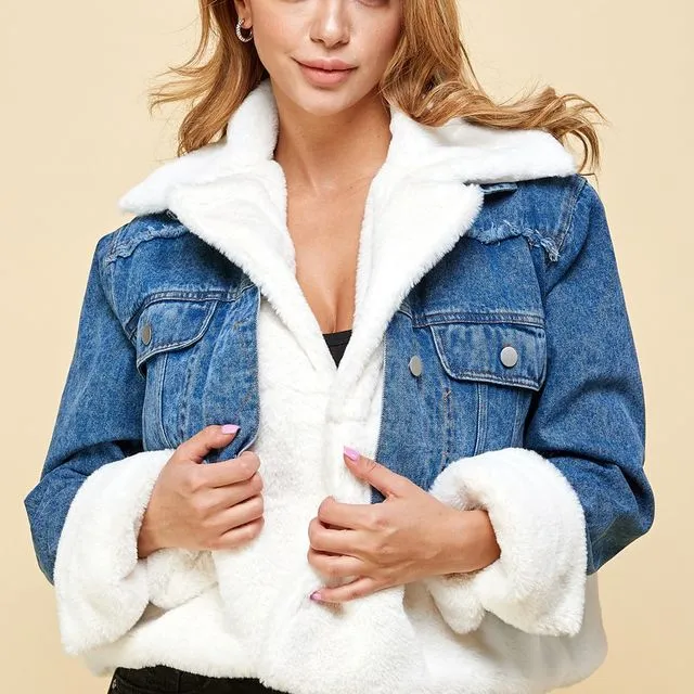 FAUX FUR REMOVABLE JACKET WITH CROPED DENIM JACKEt, Packaged 2-2-2 (SML)