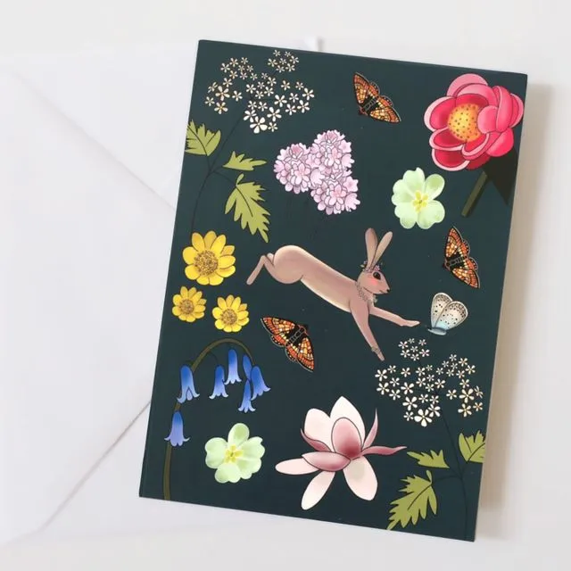 Hare greeting card, floral card, birthday card