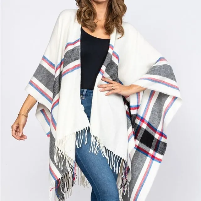 OFF WHITE MADRAS PRINT FRINGED COVER-UP PONCHO AO609