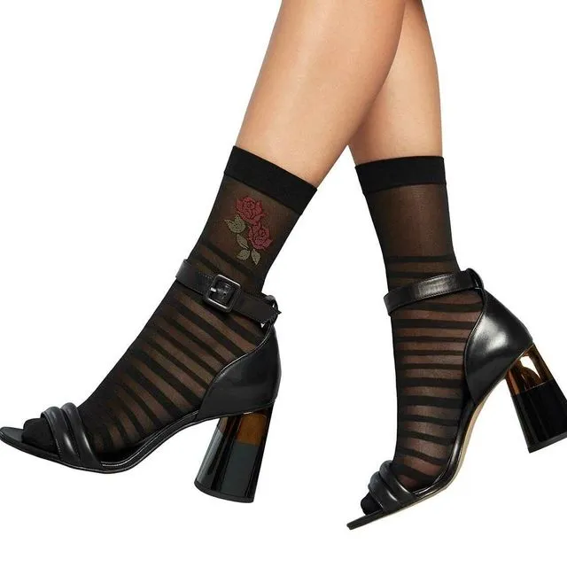 Penti Stripe Rose Fashion Ankle Socks - Black