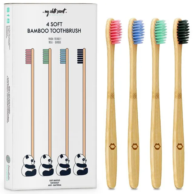 4 x multi colour bamboo toothbrush set