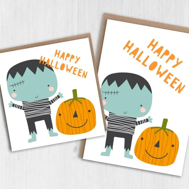 Halloween card: Zombie and pumpkin (Size A6/A5/A4/Square 6×6″)