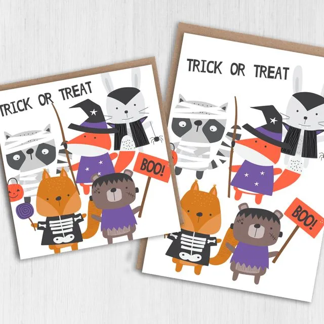 Halloween card: Woodland trick or treaters (Size A6/A5/A4/Square 6×6″)