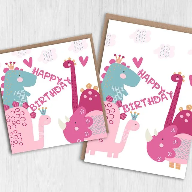 Child, children, kid's pink dinosaurs birthday card (Size A6/A5/A4/Square 6×6″)