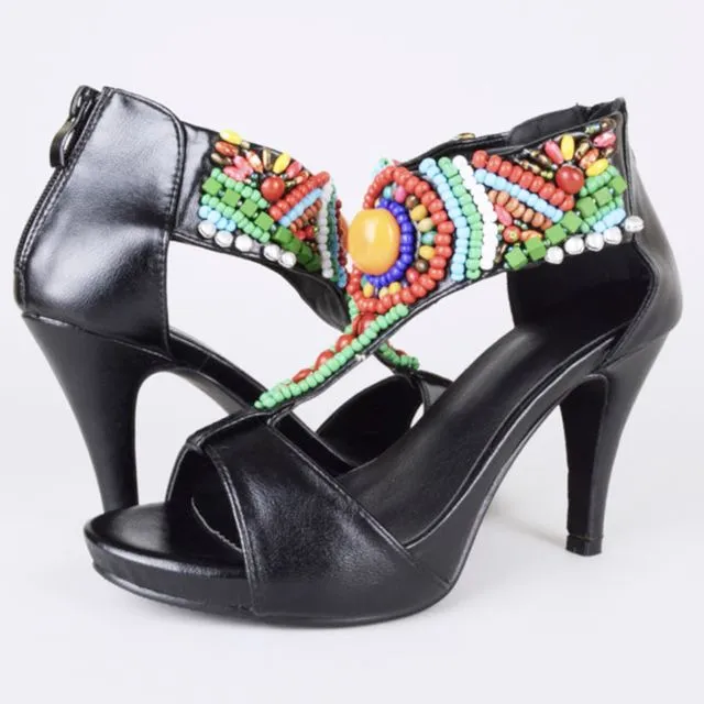 Lovemystyle Heeled Sandals With Multi-Coloured Beaded Ankle Strap