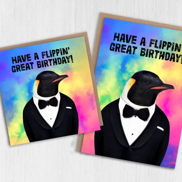 Penguin birthday card: Flippin' Great Birthday (Animalyser) (Size A6/A5/A4/Square 6×6″)