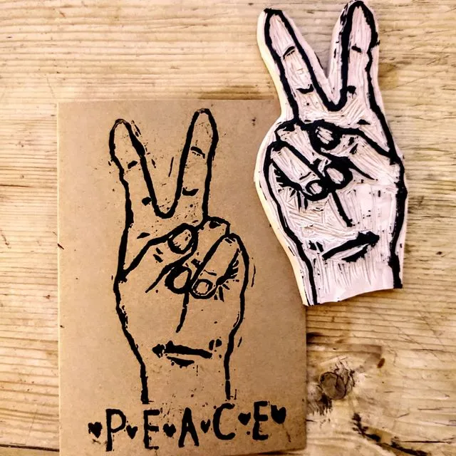 hand peace sign handprinted kraft paper card and envelope pack of 1