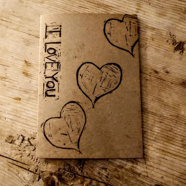i love you heart handprinted kraft card &amp; envelope pack of 1