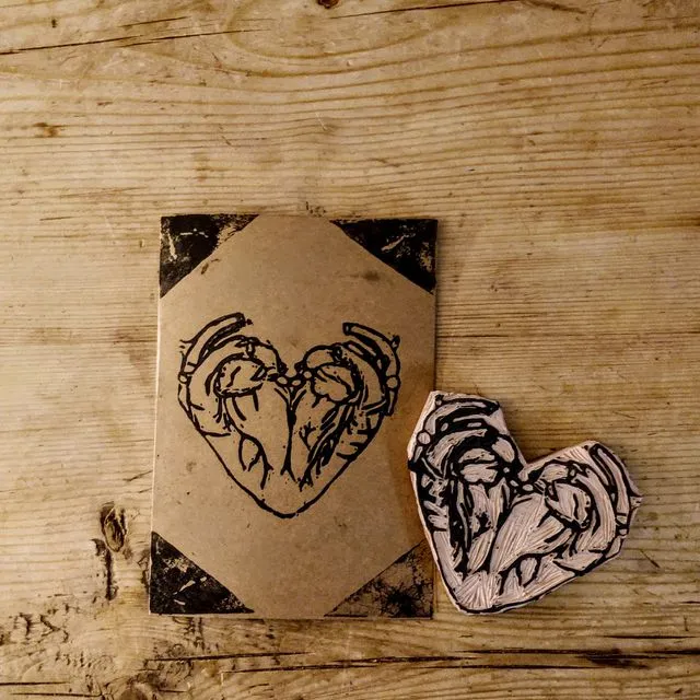 two hearts together hand printed kraft cardstock card pack of 1
