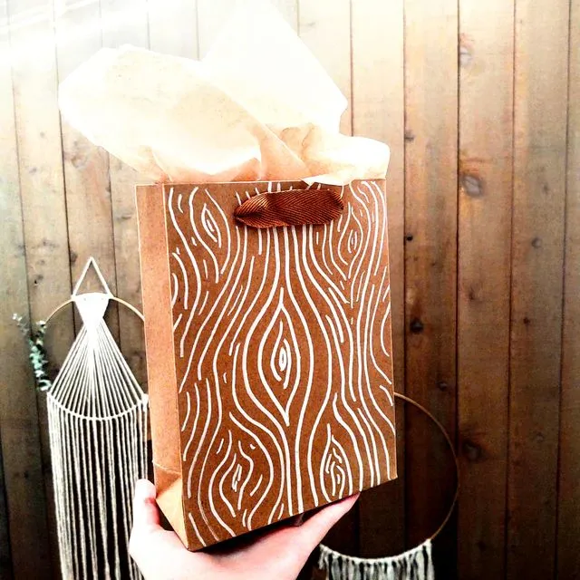 Handpainted white Wood Grain Kraft Holiday Gift Bag Small