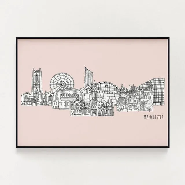 Manchester skyline print pink A4
