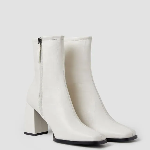 Patterned Squared-off Toe Bootie - White