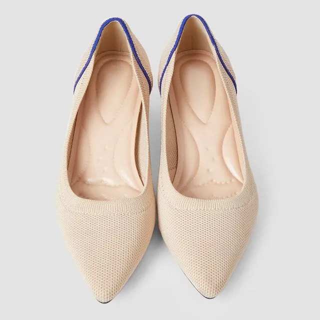 Pointed Toe Knitted Pumps - Beige&Blue