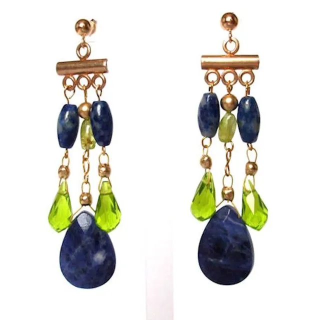 Gemshine - Ladies - Chandelier - Earrings - Gold plated - Lapis Lazuli - Blue - Peridot - Green - Drop - 4 cm